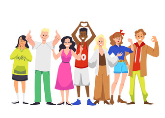 Group of diverse people expressing positive emotions, flat vector illustration isolated on white background.
