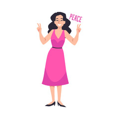 Young woman showing Peace gesture, flat cartoon vector illustrat