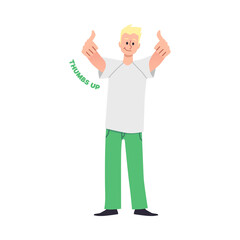 Thumbs up gesture sticker with happy joyful man, vector illustration isolated.