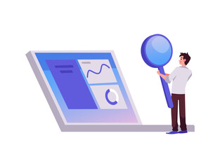Man with magnifying glass looking at charts on laptop, flat vect