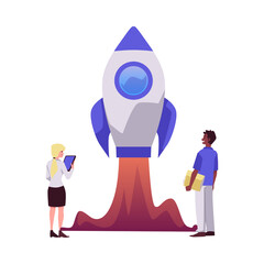 People looking at rocket launch, start up and business concepts - flat vector illustration isolated on white background.