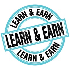 LEARN & EARN text on blue-black round stamp sign