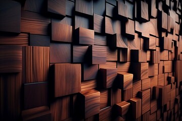 Dark Wooden cubes as a background. 3D abstract wooden wall texture. Generative AI