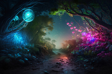 Fantasy landscape light grows in the dark. Mistery background with light grows. Colorful landscape. Generative AI.