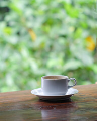 cup of coffee and toasted bread on the wooden table with a garden view