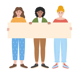 Three women showing a blank board together. Template for information campaign, advertising or women's day themes. Vector illustration in flat style isolated on white background