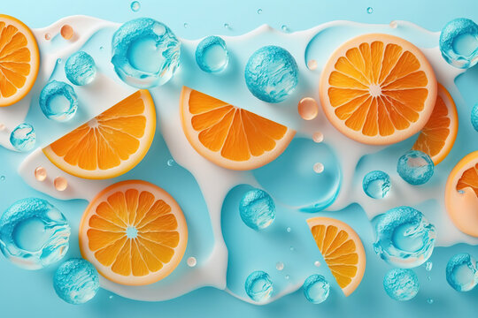 Background of beautiful orange fruit slices on frozen surface. Generative AI