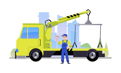 Driver of car towing truck on highway road, flat vector illustration isolated.