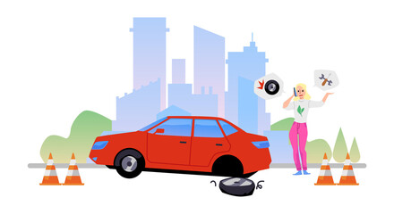 Woman driver calling roadside assistance, flat vector illustration isolated.