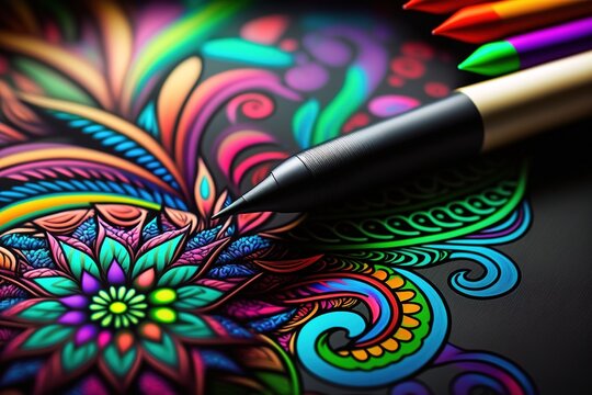 Colorful neon bright mandala drawing with pencils. Close up, macro. Generative AI illustration