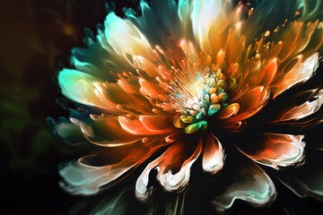 Close up flower painting over dark background. Oil painting style. Generative AI illustration