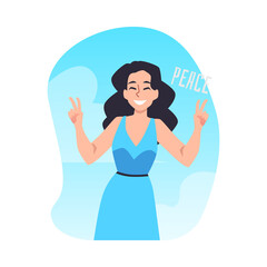 Peace inspirational banner or sticker with cheerful woman flat v