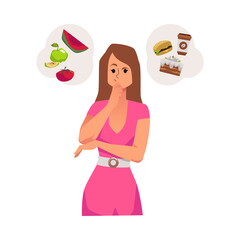 Woman choosing between healthy and unhealthy food vector illustr