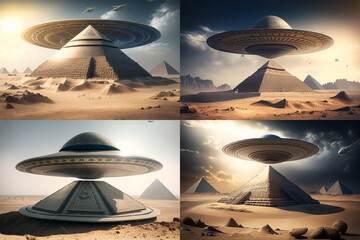 set of ufo over the pyramids  - obrazy, fototapety, plakaty