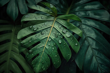 Foliage of tropical leaf in dark green with rain water drop on texture, abstract pattern nature background. Generative AI.