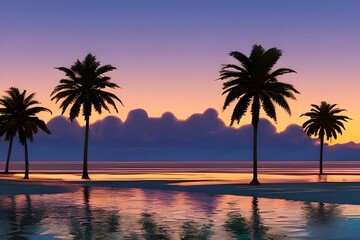 80s or 90s retro sunset landscape, Evening on the beach with palm trees, Colorful picture for rest. Palm trees at sunset. Generative AI
