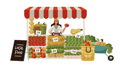 Local food street market with seller woman flat vector illustrat