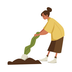 Farmer pulling out root crops from a bed, flat vector illustration isolated.