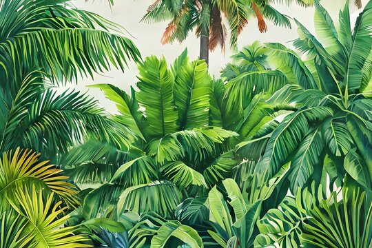 A continuous belt of tropical vegetation. Wallpaper pattern painted in watercolor. Picturesque tropical setting with palm palms. Framed with a handpainted canvas. Generative AI