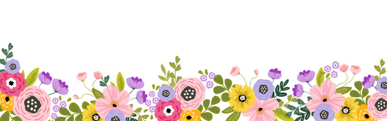 Summer spring vector vivid floral vector background, card, banner, invitation template with bright floral arrangement, flower frame. Elegant summer floral background isolated on white