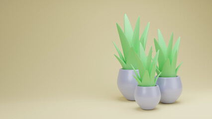 Plants in pots. Realistic houseplants on pastel background. 3d rendering