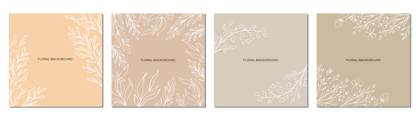 Neutral boho elegant vector hand drawn illustration background, line art contour floral branches, flowers and florals banner, poster, card design.