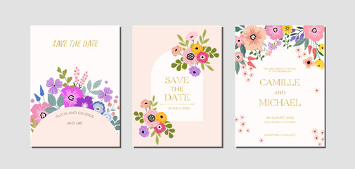 Fototapeta na wymiar Elegant Wedding invitation and save the date card template with spring and summer vibrant floral bouquets and vector illustration background