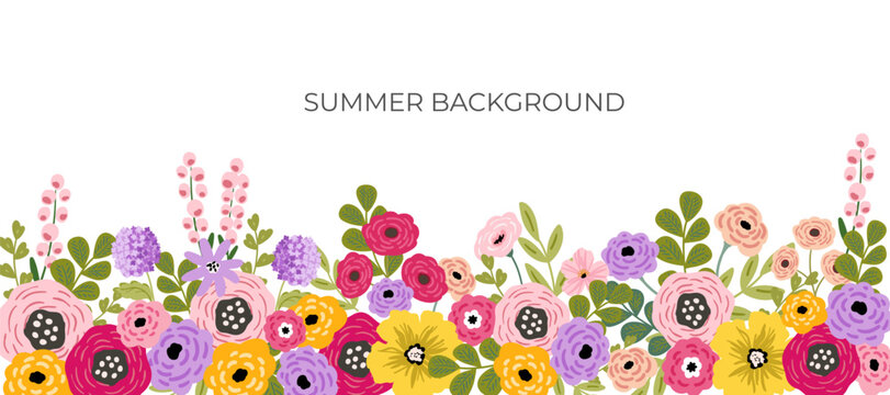 Summer spring vector vivid floral vector background, card, banner, invitation template with bright floral arrangement, flower frame. Elegant summer floral background isolated on white