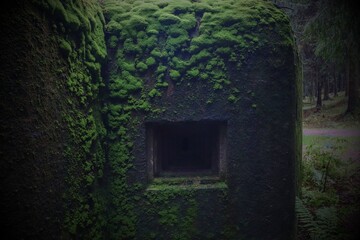 A bunker in the forest covered by moss with little window near Neratov, Czech republic