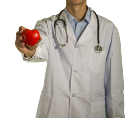 A doctor holds a stethoscope in his hand and a heart, on transparent backgorund