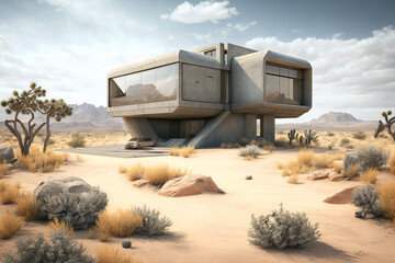 Awesome design of modern concrete house in a beautiful desert scenery. Generative IA