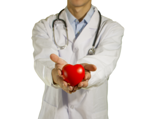 A doctor holds a stethoscope in his hand and a heart, on transparent backgorund