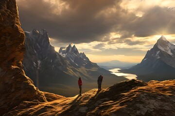 Adventurous Man Hiker standing in a cave with rocky mountains in background. Adventure Composite. 3d Rendering Peak. Aerial Image of landscape from British Columbia, Canada. Sunset Sky. Generative AI