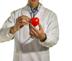 A doctor holds a stethoscope in his hand and a heart, on transparent backgorund