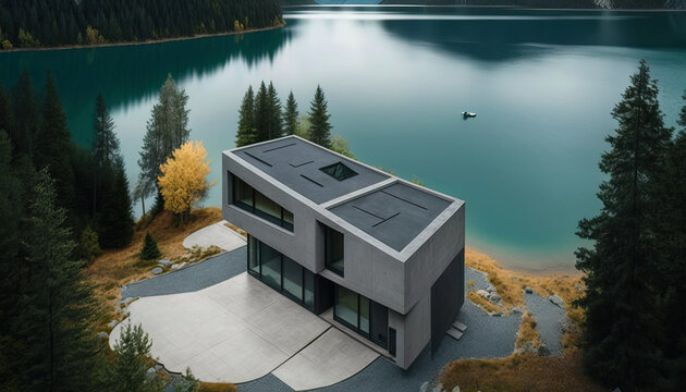 Aerial view of modern house in a beautiful nature scenery besides lake. Generative IA