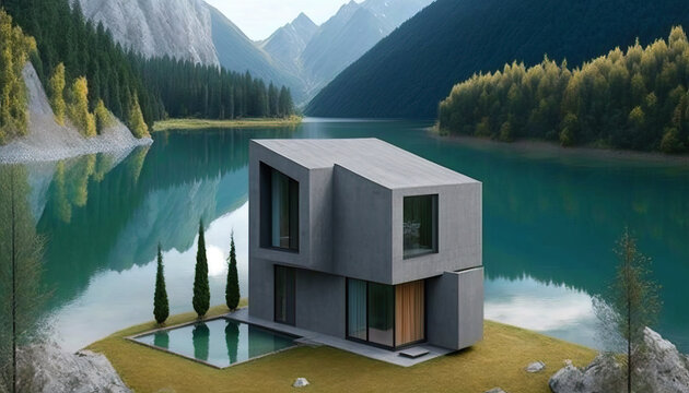 Modern house in a beautiful sceneryAerial view of modern house in a beautiful nature scenery besides lake. Generative IA