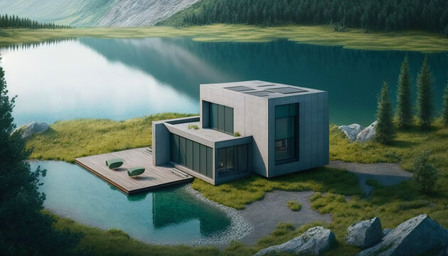 Aerial view of modern house in a beautiful nature scenery besides lake. Generative IA