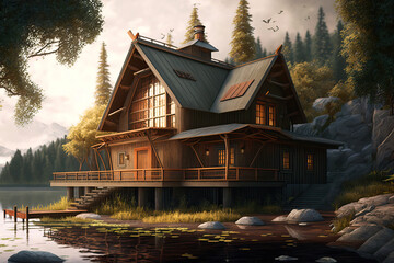 Awesome design of modern wooden house in a beautiful forest near lake. Generative IA
