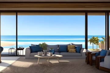 An expansive summer beach house with furniture has a living room with a view of the ocean. inside a vacation home or villa. Generative AI