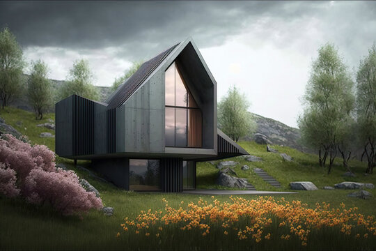 Awesome design of modern concrete house in a beautiful nature scenery near lake at evening light. Generative IA