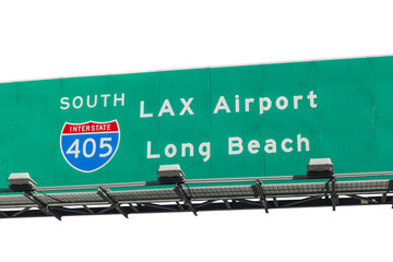 LAX Airport and Long Beach overhead freeway sign on Interstate 405 with cut out sky. © trekandphoto