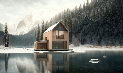 Awesome design of modern wooden house placed besides mountain lake in snowy winter. Generative IA