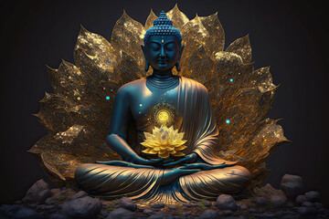 Buddha sitting on a lotus, generative AI - obrazy, fototapety, plakaty
