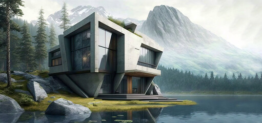 Awesome design of modern concrete house in a beautiful forest near lake. Generative IA