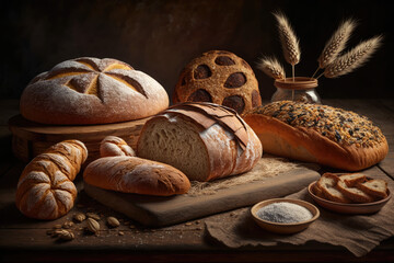 On the table are fresh, fragrant breads. Panoramic or large banner image of a bakery themed meal, generative AI