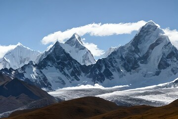 Beautiful cholatse mountains in khumbu, Nepal, seen from a distance adjacent to a source of water. Generative AI
