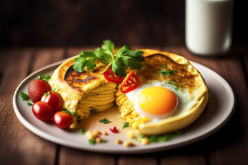 Omelette with a yellow sauce on a plate. Generative AI