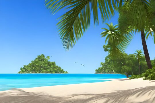 beautiful beach lagoon view with palm trees and tropical leaves, can be used as background. Generative AI