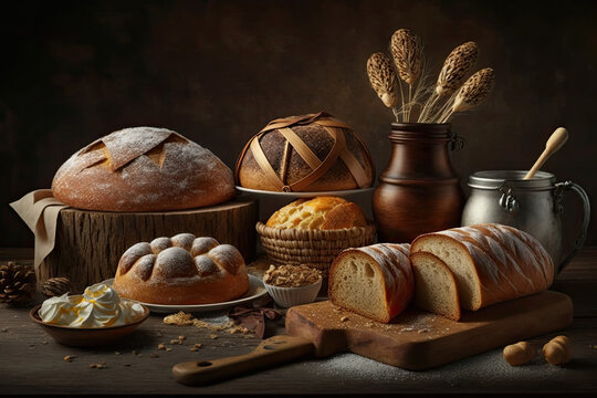 On the table are fresh, fragrant breads. Panoramic or large banner image of a bakery themed meal, generative AI