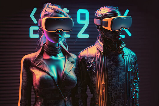 Humanoids in metaverse using VR Glasses surrounded by weird futuristic symbols. Generative IA